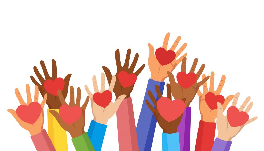 Volunteers, social workers holding hearts in palms.